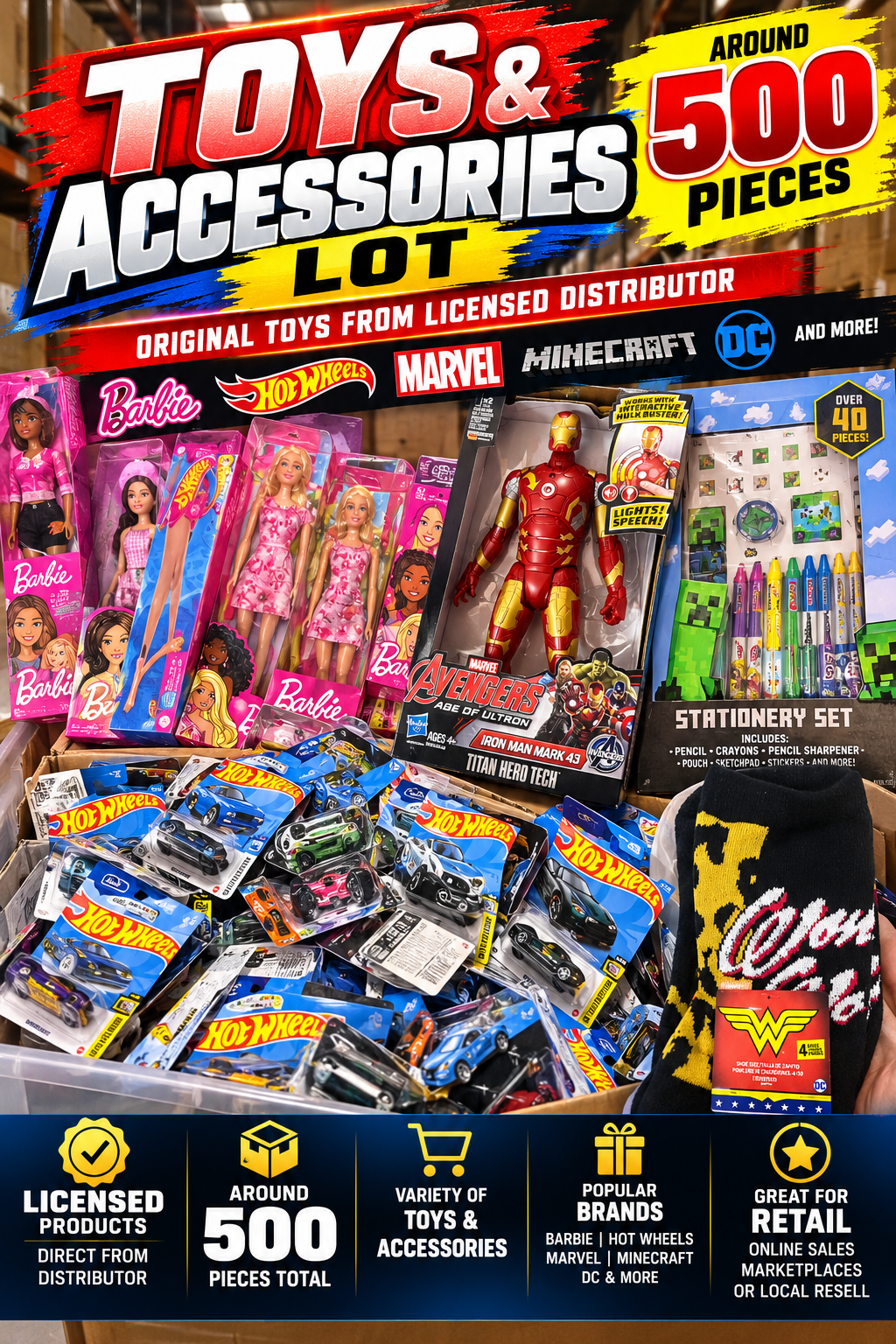 Toys & Accessories Lot — Around 500 Pieces (Barbie, Hot Wheels, Marvel, Minecraft, DC)